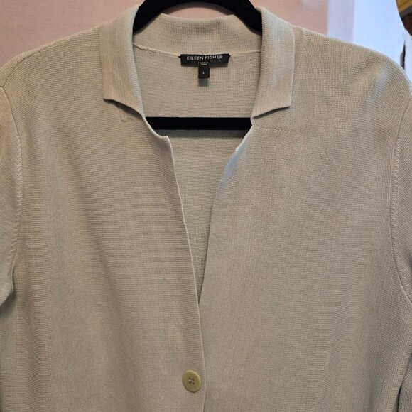 EILEEN FISHER SEAFOAM GREEN BLAZER CARDIGAN VNECK SILK COTTON BLEND TWO BUTTON - Picture 3 of 8